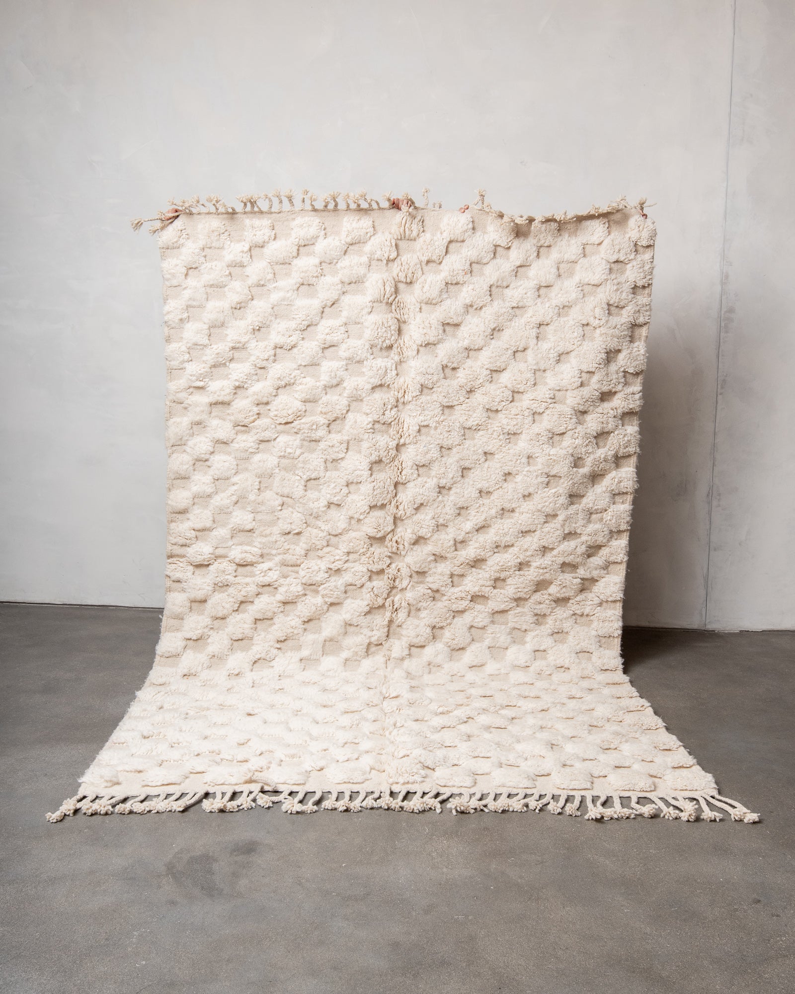Modern, designer, handcrafted Berber rug from Morocco. Beniourain carpet with beautiful colours and patterns and fluffy wool texture.